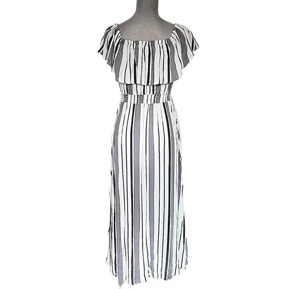 SOLD ! New Look Gray Striped Off Shoulder Casual Maxi Dress Size Small GUC - Picture 10 of 15